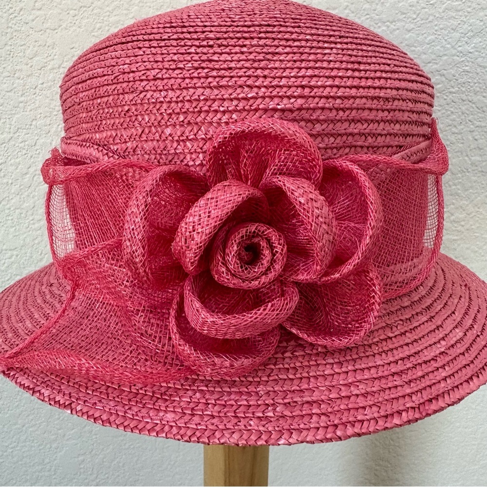 Vintage Betmar Pink Floral Woven Hat with Rose - Kentucky Derby, Church, Easter